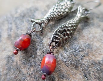 Pewter Sardine Fish Earrings: Vintage Czech Glass, Summer Jewelry