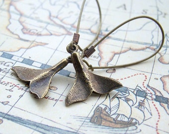 Brass Whale Tail Earrings: Nautical Pewter Fluke Earrings