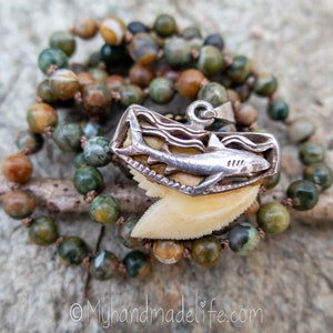 Shark Tooth Pendant | Shark Lover Jewelry | Rhyolite Stones | One of a kind | Hand-knotted Stone Necklace | Diver Gift | Necklace Under 100