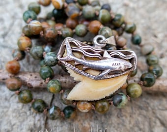 Shark Tooth Pendant | Shark Lover Jewelry | Rhyolite Stones | One of a kind | Hand-knotted Stone Necklace | Diver Gift | Necklace Under 100