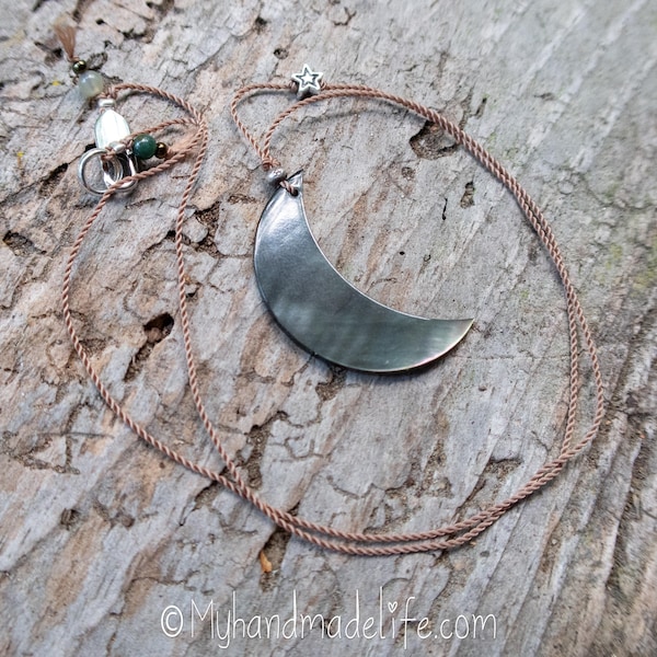 Mother of Pearl Moon and Star Necklace: Minimalist Sterling Silver Accent
