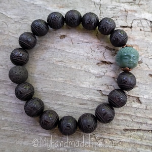 Black Carved OM Mantra Natural Sandalwood Beads Scent Therapy Bodhi Root Buddha Head Tibetan Buddhist Mantra Wood Bracelet Under 25 image 4