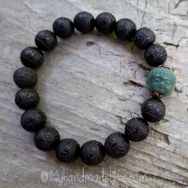 Black Carved OM Mantra Natural Sandalwood Beads Scent Therapy Bodhi Root Buddha Head Tibetan Buddhist Mantra Wood Bracelet Under 25 image 5