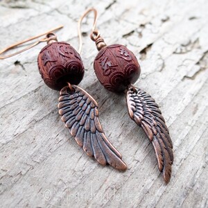 Wing and a Prayer Earrings Natural Carved Blackwood Om Mani Padme Hum Beads Copper Wing Earrings Angel Wing and Om Earrings Under 25 image 3