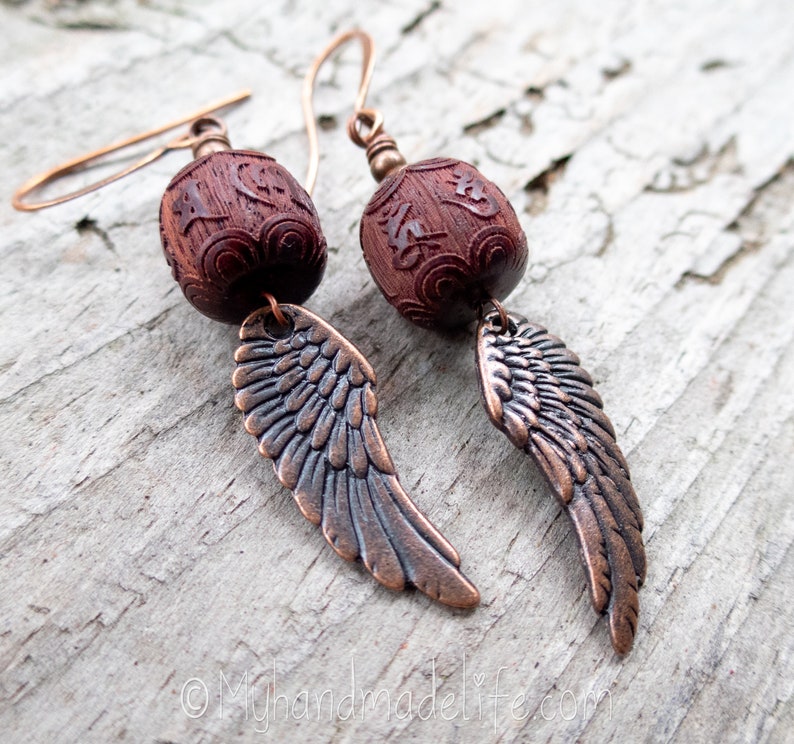 Wing and a Prayer Earrings Natural Carved Blackwood Om Mani Padme Hum Beads Copper Wing Earrings Angel Wing and Om Earrings Under 25 image 3