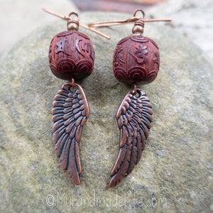 Wing and a Prayer Earrings Natural Carved Blackwood Om Mani Padme Hum Beads Copper Wing Earrings Angel Wing and Om Earrings Under 25 image 9