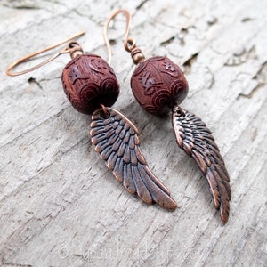 Wing and a Prayer Earrings Natural Carved Blackwood Om Mani Padme Hum Beads Copper Wing Earrings Angel Wing and Om Earrings Under 25 image 2