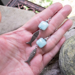 Fish Charms Fish Earrings Fish Lover Amazonite Stones Vintage Fish Charms One of a kind l Earthy & Organic Earrings Under 25 image 8