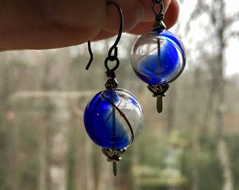 Blue and Clear Glass Orb Earrings || Blue Ridge Earrings | Something Blue | Boho | Hippie | Bride and Bridesmaid | Glass Earrings Under 20