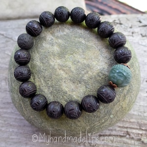 Black Carved OM Mantra Natural Sandalwood Beads Scent Therapy Bodhi Root Buddha Head Tibetan Buddhist Mantra Wood Bracelet Under 25 image 7