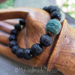 Black Carved OM Mantra Natural Sandalwood Beads Scent Therapy Bodhi Root Buddha Head Tibetan Buddhist Mantra Wood Bracelet Under 25 image 2