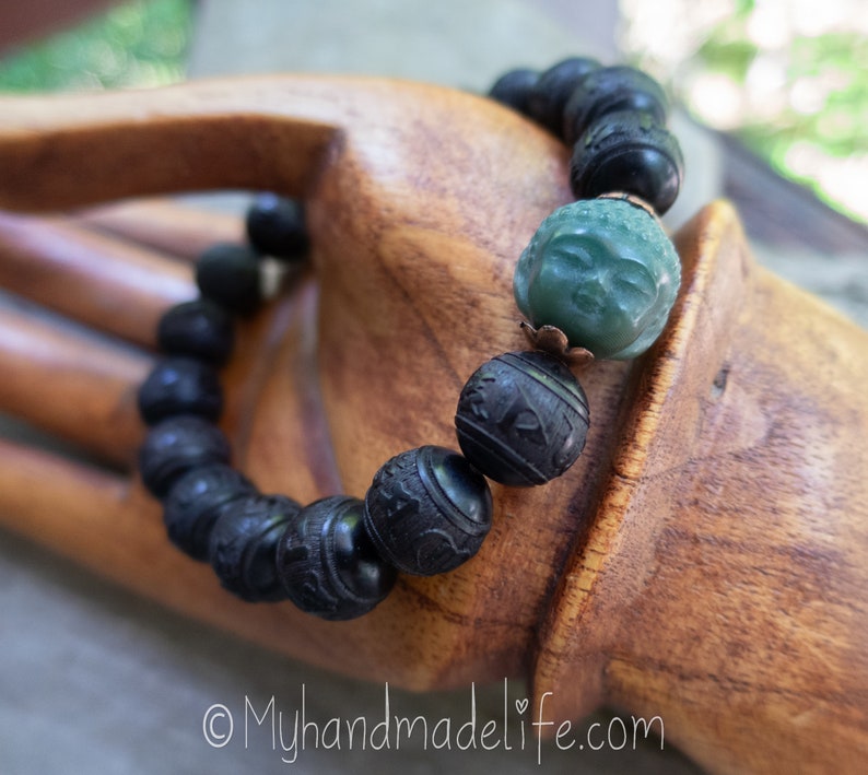 Black Carved OM Mantra Natural Sandalwood Beads Scent Therapy Bodhi Root Buddha Head Tibetan Buddhist Mantra Wood Bracelet Under 25 image 2