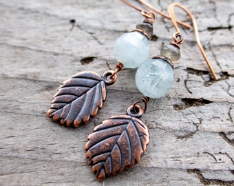 Copper Leaf and Stone Earrings |  Healing Aquamarine Stones  | Winter Wedding | Winter Jewelry l Nature Lover Jewelry | Earrings Under 25