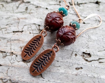 Fox Love Earrings | Natural Carved Bodhi Root Fox Beads| Copper Tree Earrings | Tree Lover Earrings | Fox and Copper Tree Earrings Under 25