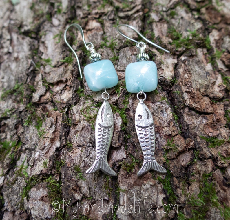 Fish Charms Fish Earrings Fish Lover Amazonite Stones Vintage Fish Charms One of a kind l Earthy & Organic Earrings Under 25 image 10