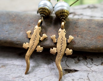 Vintage Metal Lizard Earrings | Cute Lizards | Bronze Capped Freshwater Pearls | Fancy Like That Pearl Earrings l Earrings Under 25
