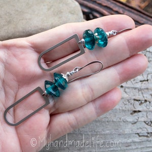 Vintage Teal Vaseline Glass Bead Earrings Stainless Steel U Shape Earrings Old Glass Bead Lover Boho Hippie Chic Earrings Under 30 image 6