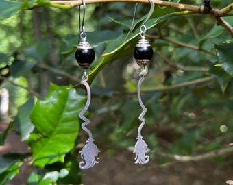 Season of the Witch Earrings | Halloween | Witch Broom Earrings | Silver Capped Black Onyx Stone | Black and Silver | Long Earrings Under 25