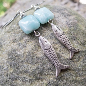 Fish Charms Fish Earrings Fish Lover Amazonite Stones Vintage Fish Charms One of a kind l Earthy & Organic Earrings Under 25 image 7