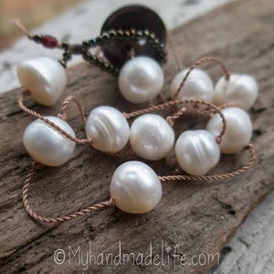 Hand-Knotted White Button Freshwater Pearl Necklace: Abalone Clasp