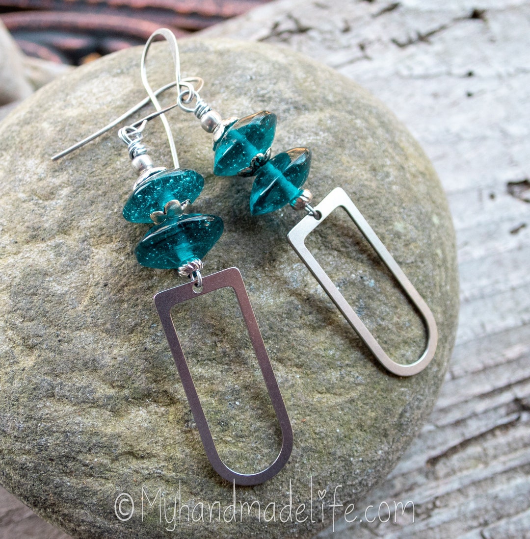 Vintage Teal Vaseline Glass Bead Earrings Stainless Steel U Shape