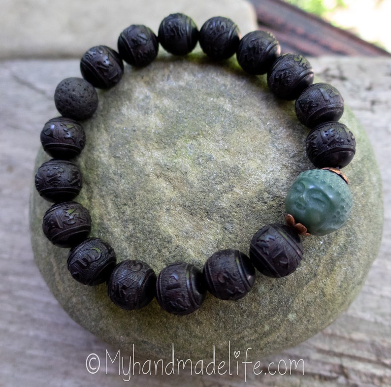 Black Carved OM Mantra Natural Sandalwood Beads Scent Therapy Bodhi Root Buddha Head Tibetan Buddhist Mantra Wood Bracelet Under 25 image 8