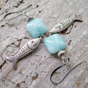 Fish Charms Fish Earrings Fish Lover Amazonite Stones Vintage Fish Charms One of a kind l Earthy & Organic Earrings Under 25 image 3
