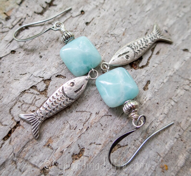 Fish Charms Fish Earrings Fish Lover Amazonite Stones Vintage Fish Charms One of a kind l Earthy & Organic Earrings Under 25 image 3