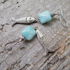 Fish Charms Fish Earrings Fish Lover Amazonite Stones Vintage Fish Charms One of a kind l Earthy & Organic Earrings Under 25 image 5