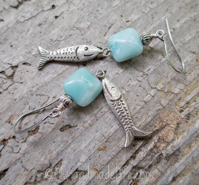 Fish Charms Fish Earrings Fish Lover Amazonite Stones Vintage Fish Charms One of a kind l Earthy & Organic Earrings Under 25 image 5