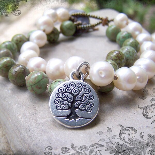 Tree Hugger | Freshwater Pearls | Green Turquoise | Earthy | Tree of Life | Nature Lover | Etsy Bracelet Under 40 | Woodland Wedding