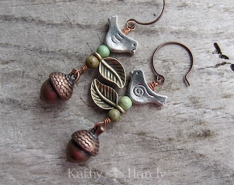 Copper Acorn Bird Earrings: Green Turquoise Woodland Jewelry