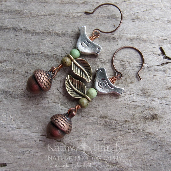 Autumn Day || Zen | Earthy | Organic | Copper Acorn and Bird Earrings | Boho | Hippie | Limited Edition | Earrings Under 20 | Woodland Birds