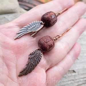 Wing and a Prayer Earrings Natural Carved Blackwood Om Mani Padme Hum Beads Copper Wing Earrings Angel Wing and Om Earrings Under 25 image 6