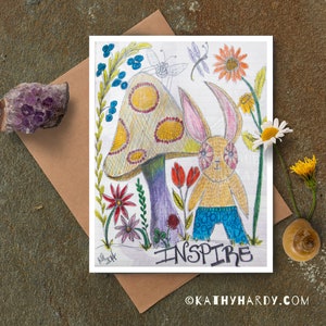 Inspire Rabbit Drawing | Originele tekening van Kathy Hardy | Just Because Card | Blanco Notecard | Unieke wenskaart | Leuke wenskaart