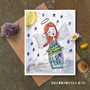 Angel of Hope Drawing / Original Drawing de Kathy Hardy / Just Because Card / Blank Notecard / Unique Greeting Card / Cute Greeting Card