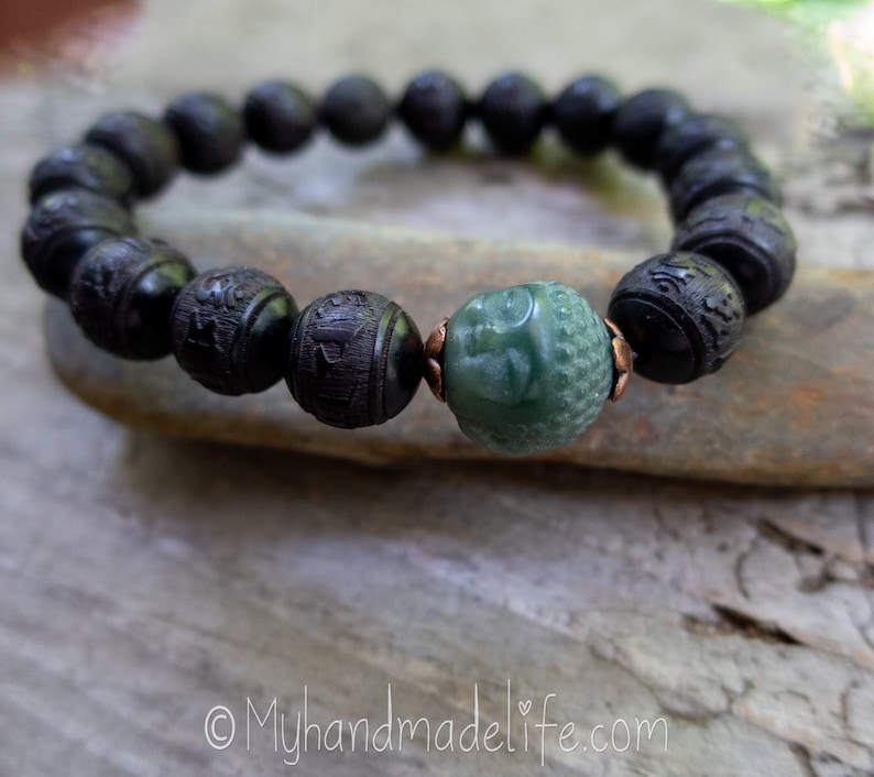 Black Carved OM Mantra Natural Sandalwood Beads Scent Therapy Bodhi Root Buddha Head Tibetan Buddhist Mantra Wood Bracelet Under 25 image 10