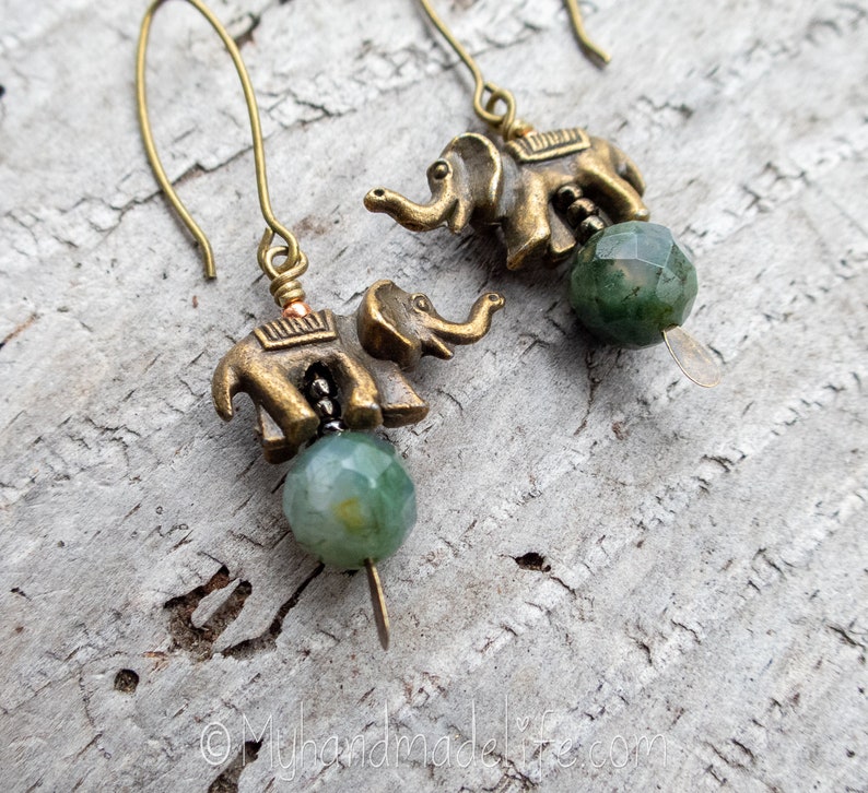 Elephant Earrings Faceted Aventurine Stone Elephant Lovers Earthy Boho Hippie Animal Lover Jewelry Woodland Earrings Under 20 image 2