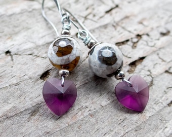 Purple Heart Earrings | Tibetan Agate dZi Eye Stones | Valentines Day | Heart Earrings | Purple Glass Hearts | Cute Heart Earrings Under 25