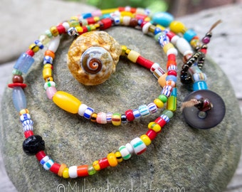 Shark Eye Shell and African Christmas Bead Necklace | African Christmas Beads | Boho and Hippie Jewelry | One of a kind Necklace Under 35