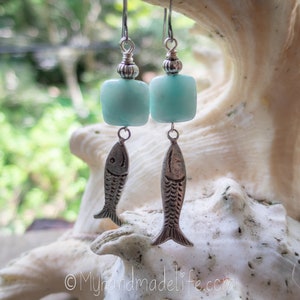 Fish Charms Fish Earrings Fish Lover Amazonite Stones Vintage Fish Charms One of a kind l Earthy & Organic Earrings Under 25 image 9