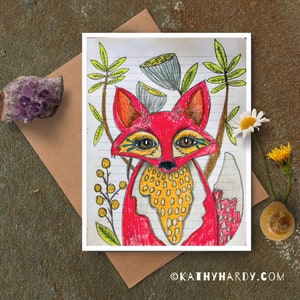Lindo rojo Fox dibujo / dibujo original por Kathy Hardy / Just Because Card / Blank Notecard / Unique Greeting Card / Cute Greeting Card