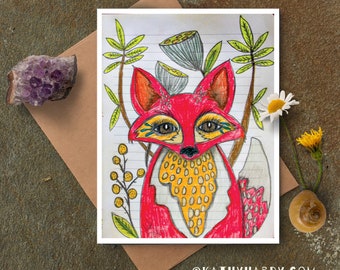 Cute Red Fox Drawing | Original Drawing by Kathy Hardy | Just Because Card | Blank Notecard | Unique Greeting Card | Cute Greeting Card