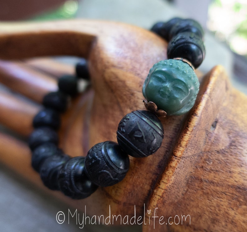 Black Carved OM Mantra Natural Sandalwood Beads Scent Therapy Bodhi Root Buddha Head Tibetan Buddhist Mantra Wood Bracelet Under 25 image 1