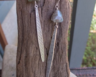 Long Silver and Labradorite Earrings || Silver Spikes | Labradorite Stones | Earthy | Organic | Boho | Hippie | Wedding |  Earrings Under 25