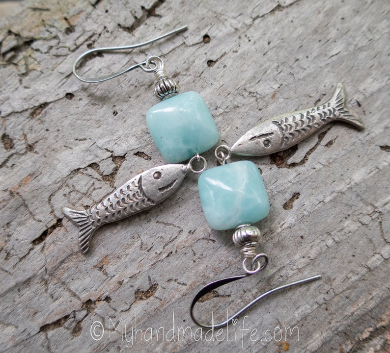 Fish Charms Fish Earrings Fish Lover Amazonite Stones Vintage Fish Charms One of a kind l Earthy & Organic Earrings Under 25 image 2