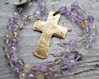Cross Necklace | Gold Plated Pewter Cross | Hand-knotted Necklace | OOAK | Hypoallergenic | Faceted Ametrine Stones | Necklace Under 60