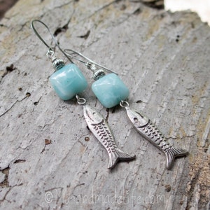 Fish Charms Fish Earrings Fish Lover Amazonite Stones Vintage Fish Charms One of a kind l Earthy & Organic Earrings Under 25 image 4