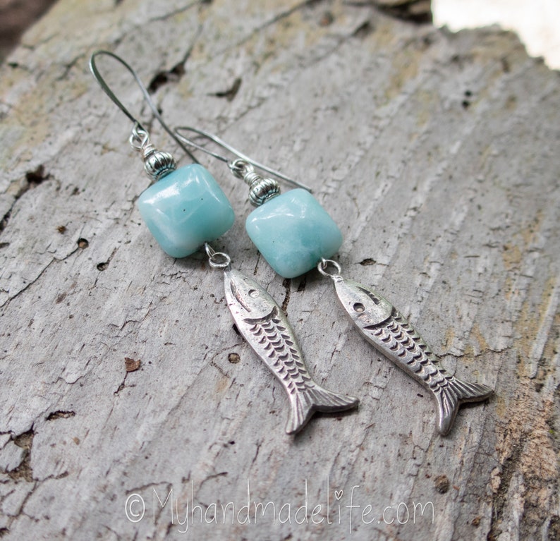 Fish Charms Fish Earrings Fish Lover Amazonite Stones Vintage Fish Charms One of a kind l Earthy & Organic Earrings Under 25 image 4