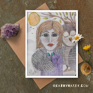 Abrazado por una tarjeta de búho / dibujo original por Kathy Hardy / Just Because Card / Blank Notecard / Unique Greeting Card / Cute Greeting Card